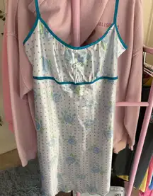 White Vintage Midi Slip Dress with polka dots and blue floral print