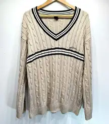 Urban Outfitters  Beige Cotton Blend Cable Knit V Neck Varsity Sweater L