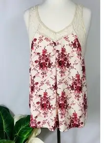 Hint Of Mint Lace & Burgundy Floral Summer Casual Tank Top Dainty XL