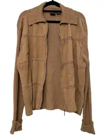 Vintage Leather Jacket Patchwork Cardigan Tan Size‎ Large Zip Up Knit Collar Y2K