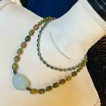 Handcrafted double strand oil slick di-cut glass unakite barrel necklace