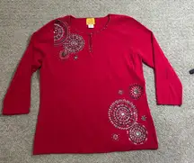Ruby Rd. Red Knit Embellished Sweater Top XL 3/4 Sleeve Beaded Mandala
