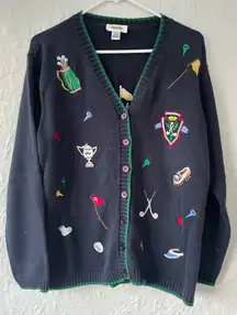 Vintage Talbots cotton, golf embroidered, v-neck, navy blue cardigan sweater; L