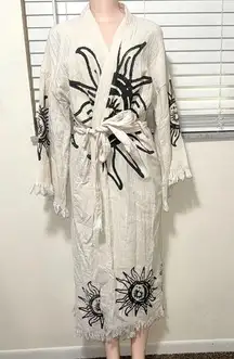 Handmade in turkey 100% muslin cotton sun Motif Cream and Black Robe kimono