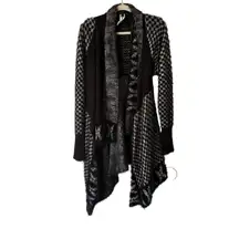 BUFFALO 2010s Black White Checkerboard Fuzzy Asymmetrical Cardigan Sweater M
