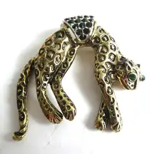 Vintage Leopard Green Eye Rhinestone Hanging Cat Wildcat Kitty Brooch Gold Tone