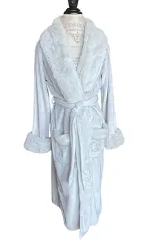 Faux Fur Trim Robe With Pockets and Sash Belt Gray Size Large