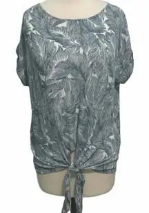 Final Touch Feather Print Tie Front Top T-Shirt Short Sleeves‎ Blue White Small
