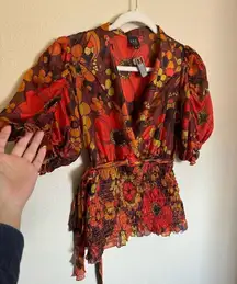 Vintage 80s Floral Silk Blouse Top Sz Small Puff Sleeve Rust Orange Retro‎