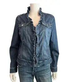 White House Black Market Ruffle Blue Jean Jacket Size 12