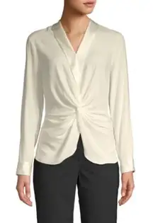 Donna Karan Ivory Twist Front Satin Trim Long Sleeve Formal Blouse Size Medium