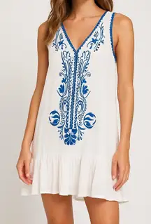 Dee Elly Embroidered Tank Top Sleeveless Bohemian Casual White Blue Size‎ L