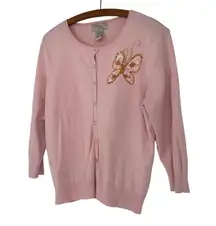 Notations Baby Pink Cardigan Butterfly Beaded Sequin Design 3/4 Sleeve Large