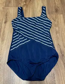 Lands End Womens Navy White Striped One Piece Swim Suit 10 Modest Built in Bra