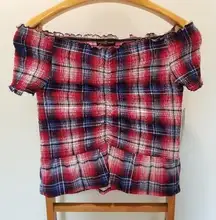 Plaid Red Blue White Off Shoulder