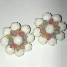 Western Germany Vintage White Colorful Cluster Beaded Boho Clip On Earrings