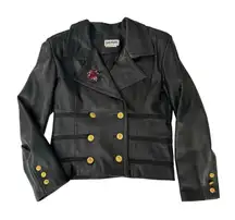Bagatelle Vintage Black Leather Jacket Double Breasted Gold Buttons size 10