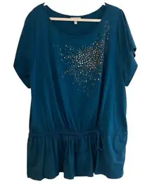 Fashion Bug Turquoise Short Sleeve Top with Cinch Waist Size 1X