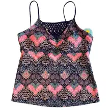 ISLAND SOUL Macrame Navy Multicolor Metallic Pattern Tankini Top