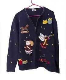Christopher & Banks‎ Navy Blue Christmas Sweater XL Santa, Angel, Rocking Horse