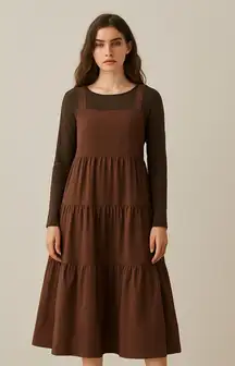 Bohme Tiered Midi Dress Size MEDIUM Linen Blend Dark Brown Sleeveless Crisscross