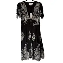 Superfoxx Dress Womens Medium Black White Embroidered Floral Boho Midi Button‎