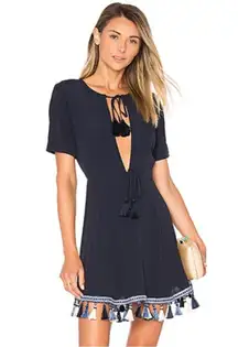 Revolve Tularosa Tallulah Blue Tassel Hem Mini Dress XS Plunge Neckline Boho