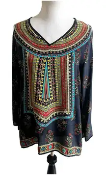 Tolani 100% Silk Floral Ethnic Print Tunic Navy Multi Size Medium 3/4 Sleeve