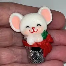 1983 Hallmark Pin Christmas Mouse Sewing Thimble White Red Bow Holiday Brooch