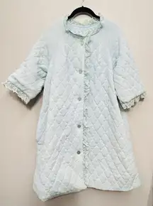 Vintage Miss Elaine Robe Housecoat Small Blue Quilted Button Front Pocket USA