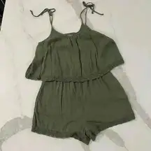 Aerie Sleeveless Green Tiered Gauze Lace Trim Boho Romper w/Pockets Women’s XS