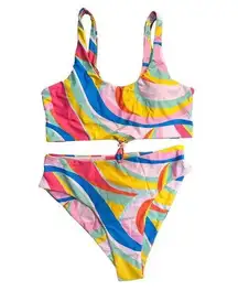 Zaful Women's XXL Neon Colorful Abstract Print High Waist Swim Bikini Set NWT