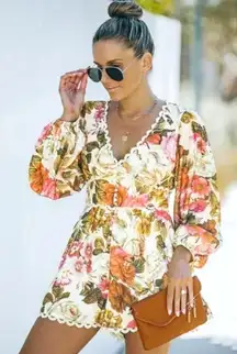 Luxxel Womens Cottagecore Floral Lace Trim Boho Festival Resortwear Romper M