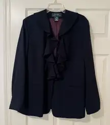 Ralph Lauren Black Wool Blazer Women’s 14W Jacket Ruffle Formal Office VTG 90s