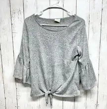 Caution to the Wind Sweater Women Size Medium Bell Sleeve Grey Knotted Crop