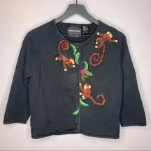 Michael Simon Size M Monkey Cardigan Black Cotton Beaded Embroidered Sweater