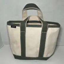 LANDS END Natural/ Grey Cotton Canvas Tote Bag Open Top Small Regular Handles