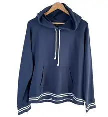 J.Crew University Terry Hoodie Sweatshirt Striped Cuffs Navy Blue 100% Cotton, L