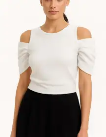 Club Monaco Ruffle Cold Shoulder Crop Top White Textured XS Coquette Fall Layer