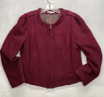 Cabi Smart Jacket Womens 12 Red Merlot Boucle Full Zip tweed‎ wool blend stripe
