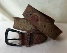 vintage tooled leather belt brown rose floral boho western coastal cowgirl M