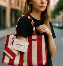 NWT Rae Dunn Red/white Striped Tote -Bonjour
