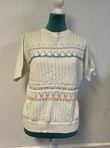 Vintage 80s Knit Sleeveless Sweater Tank • Pastel Pointelle Fair Isle Size M/L