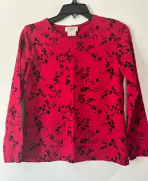 Talbots Petites Red Black Floral Print Long Sleeve Crew Neck Top Stretchy Size P