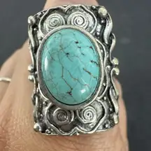 Vintage Turquoise Silver Tone Stretch Ring Big Comfortable Ring