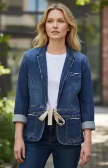 Old Navy VTG Y2K Women XL Stretch Distressed Crop Denim Blazer Twill Waist Tie