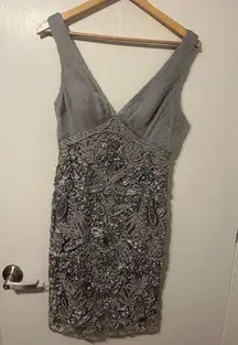 Vintage Sue Wong Grey Lace Pattern Embroidered Deep V Cocktail Dress Sz 8 (flaw)