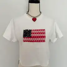 hand-stitched american flag patchwork cropped white t-shirt