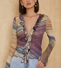 SHEIN Privé Marble Print Ruffle Trim Tie Front Lettuce Trim Mesh Top