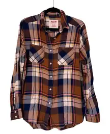 Mossimo Boyfriend Fit Plaid Button Down Shirt Womens Medium Brown Navy